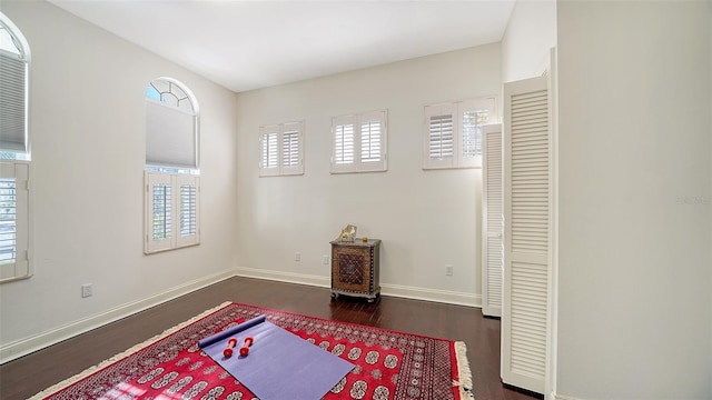 bedroom with dark hardwood / wood-style floors and multiple windows