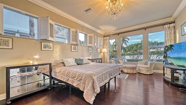 bedroom featuring crown molding, a chandelier, and dark hardwood / wood-style floors