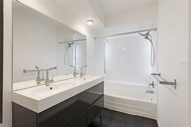 bathroom featuring washtub / shower combination, vanity, and tile patterned floors