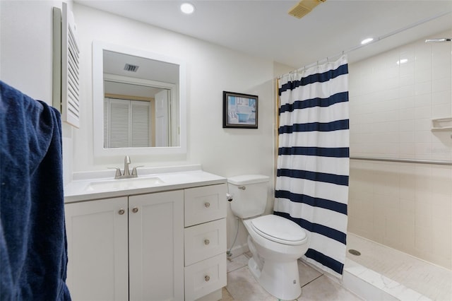 bathroom featuring tile patterned flooring, toilet, vanity, and a shower with shower curtain