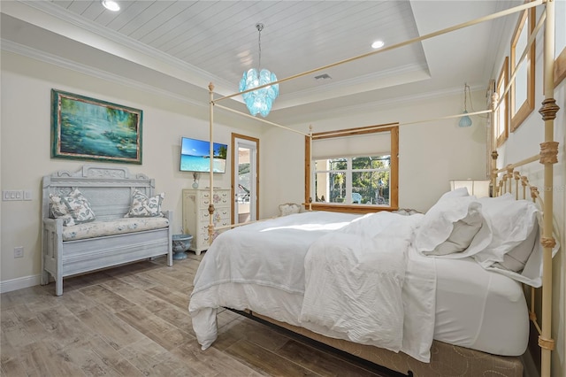 bedroom with hardwood / wood-style flooring, wood ceiling, crown molding, and an inviting chandelier