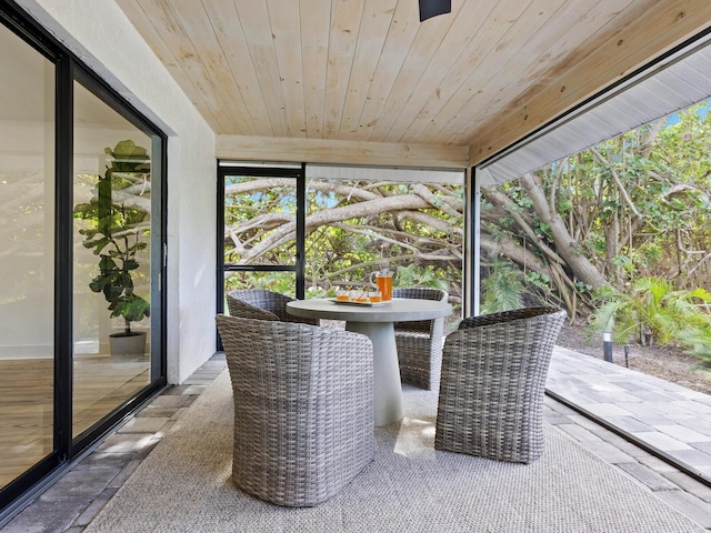 unfurnished sunroom with wooden ceiling