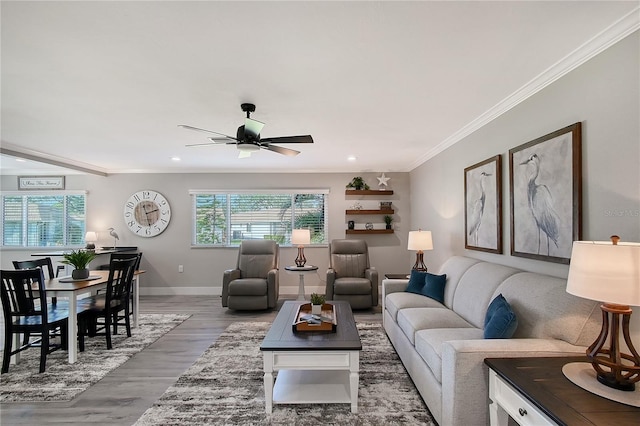 living room featuring wood-type flooring, ceiling fan, and crown molding