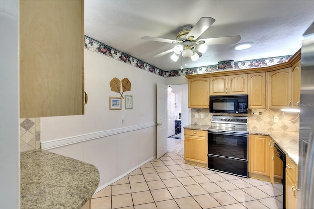 kitchen featuring tasteful backsplash, ceiling fan, light brown cabinetry, and black appliances