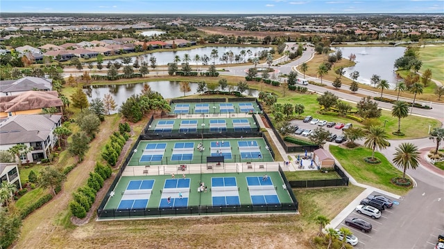 bird's eye view with a water view