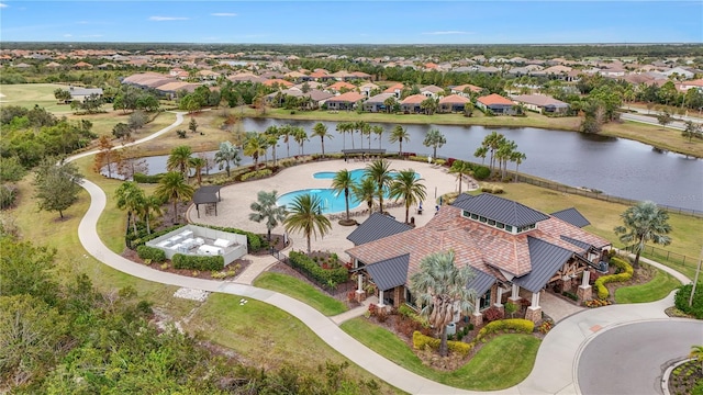 drone / aerial view featuring a water view