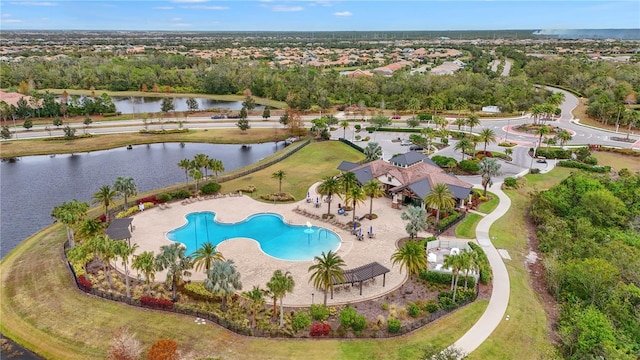 aerial view featuring a water view