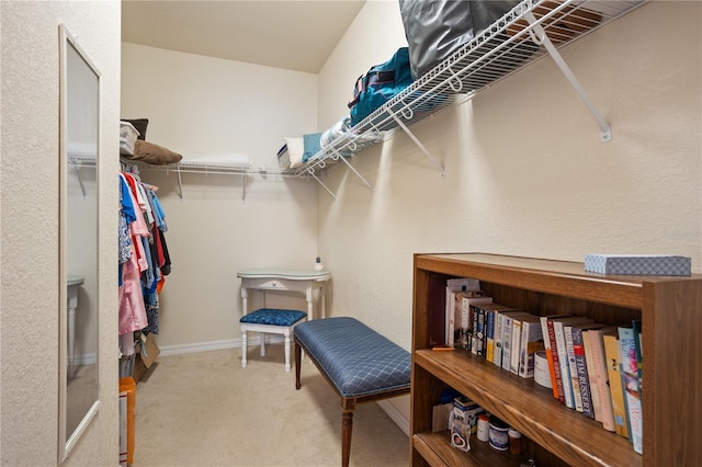 walk in closet featuring carpet flooring