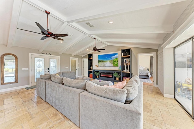 living room with ceiling fan, french doors, and lofted ceiling with beams