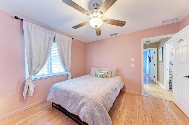 bedroom with ceiling fan and light hardwood / wood-style flooring