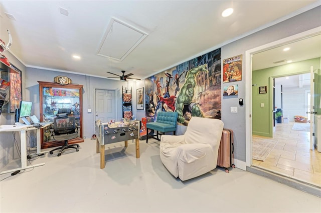 living room with ceiling fan, ornamental molding, radiator heating unit, and concrete floors