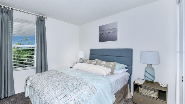 bedroom with dark colored carpet