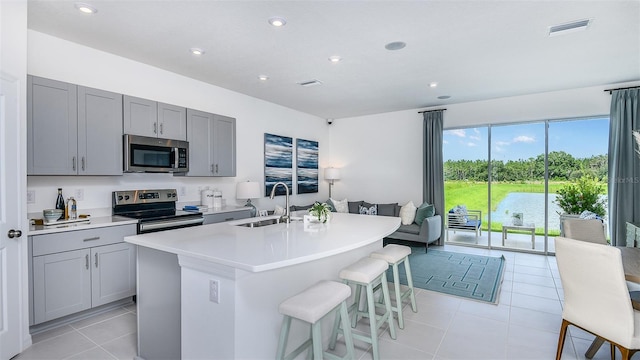 kitchen featuring gray cabinetry, a center island with sink, a water view, and stainless steel appliances