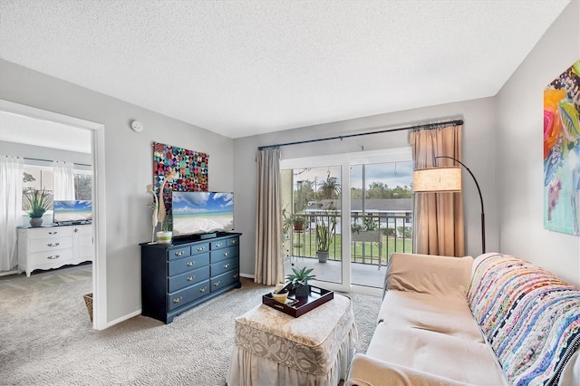 living room with light carpet and a textured ceiling