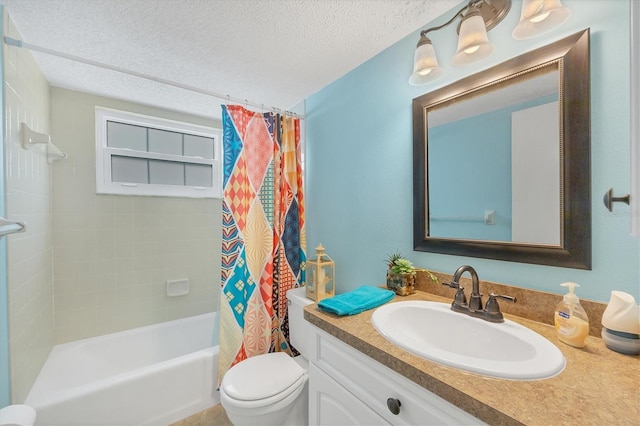 full bathroom featuring vanity, a textured ceiling, toilet, and shower / bath combo with shower curtain