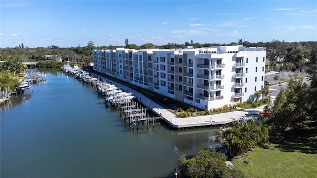 drone / aerial view with a water view