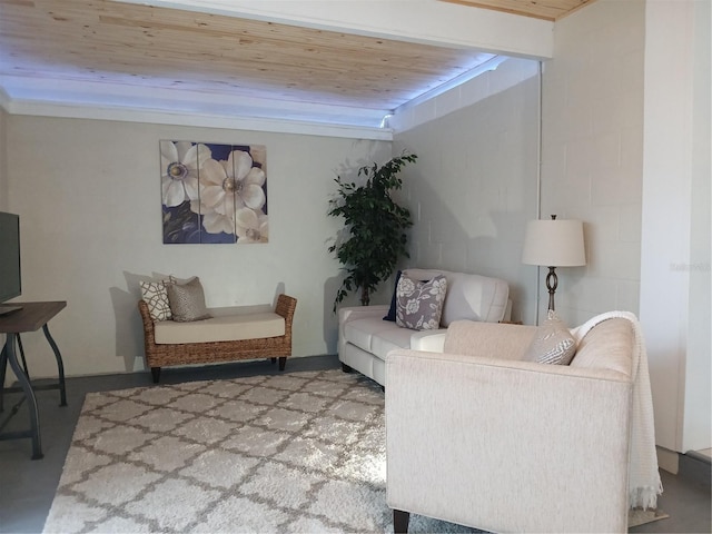 living room with wood ceiling