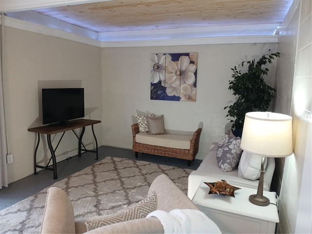 living room with wood ceiling