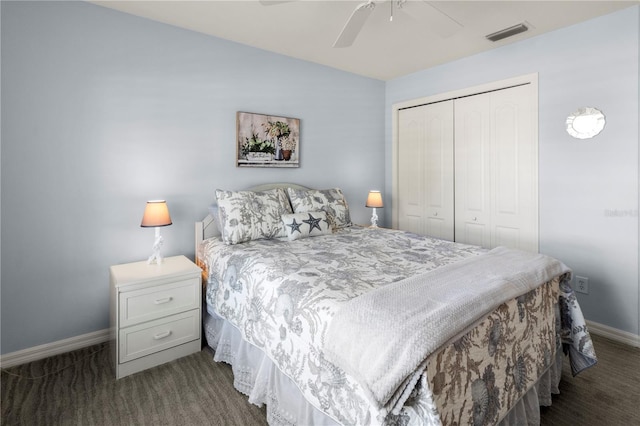 bedroom with ceiling fan and a closet