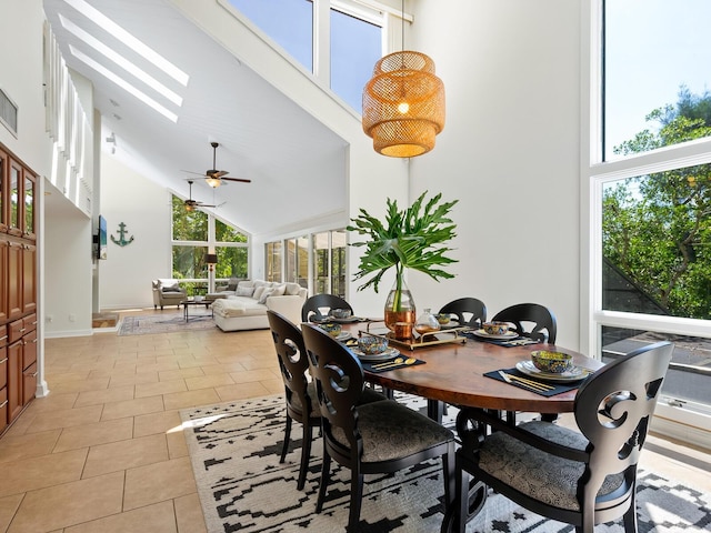 interior space featuring a skylight, high vaulted ceiling, and ceiling fan