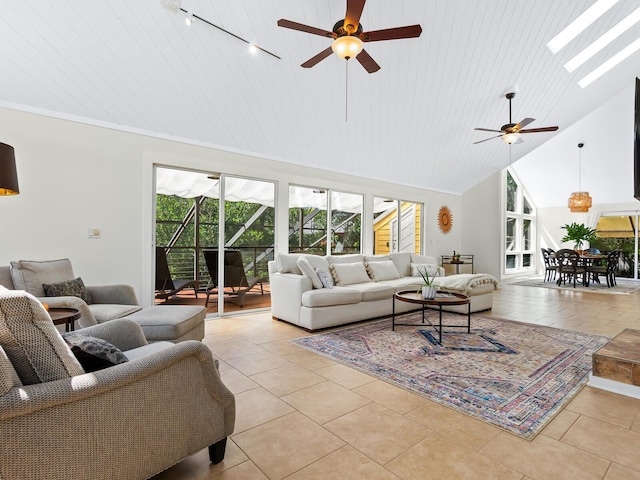 1214 Sea Plume Way, Sarasota, FL 34242 - living area with high vaulted ceiling, a ceiling fan, and light tile patterned floors