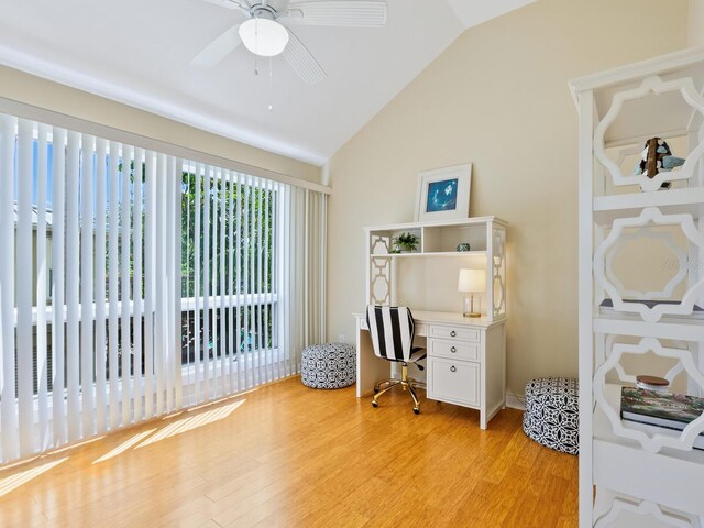 1214 Sea Plume Way, Sarasota, FL 34242 - office area with light wood-style floors, lofted ceiling, and ceiling fan