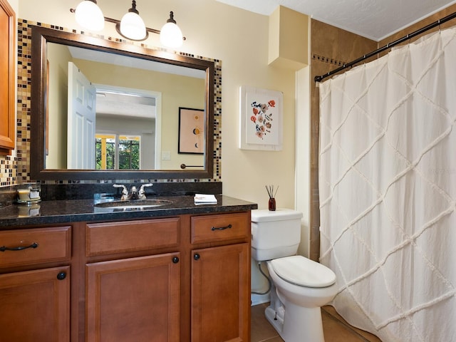 1214 Sea Plume Way, Sarasota, FL 34242 - full bath featuring vanity, decorative backsplash, tile patterned floors, and curtained shower