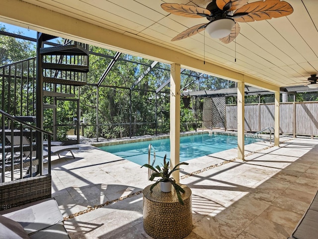 1214 Sea Plume Way, Sarasota, FL 34242 - view of swimming pool with ceiling fan, a patio area, stairs, and glass enclosure