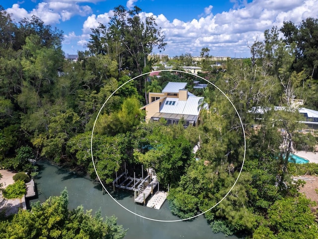 aerial view featuring a water view