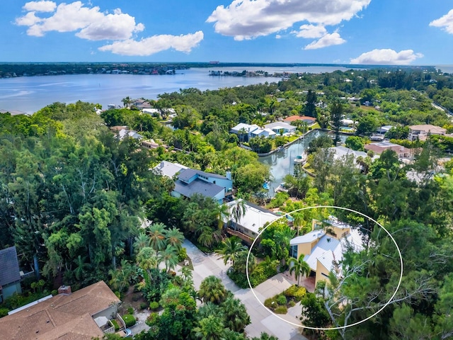 drone / aerial view with a water view