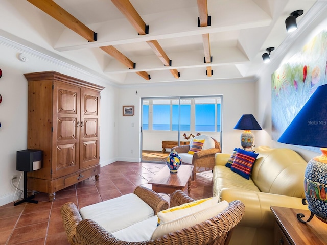 tiled living room with beamed ceiling