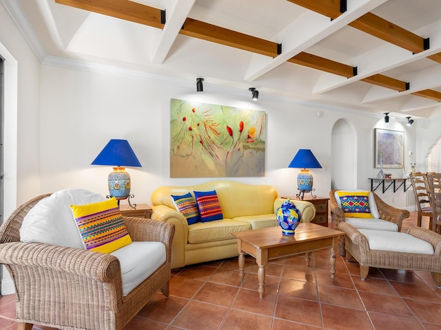 tiled living room featuring coffered ceiling and beamed ceiling