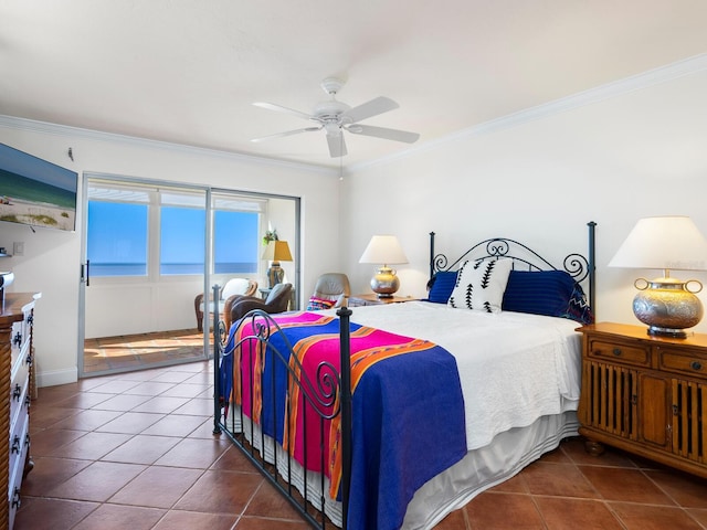 tiled bedroom with ceiling fan and ornamental molding