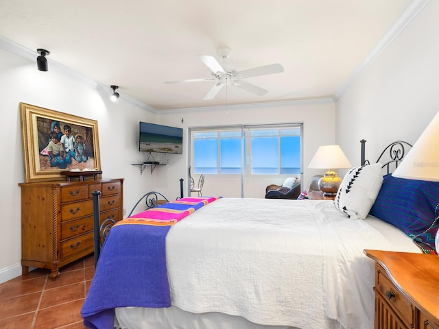 tiled bedroom featuring ceiling fan and crown molding