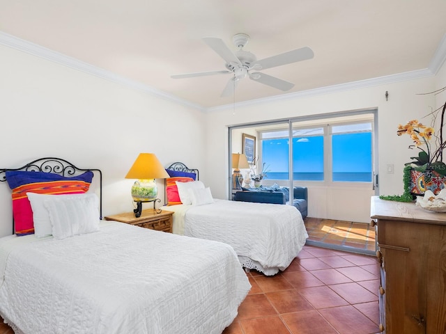 bedroom featuring ceiling fan, crown molding, tile patterned floors, and access to outside