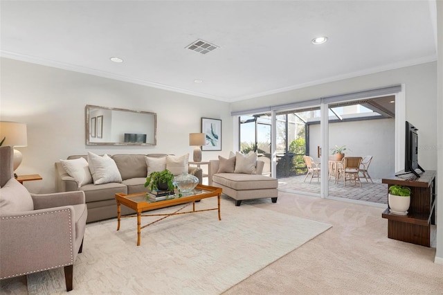 living room featuring light carpet and ornamental molding