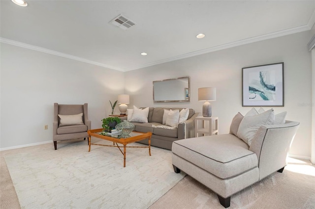 living room featuring crown molding and light carpet