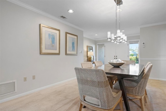 dining area featuring light carpet, ornamental molding, and a notable chandelier