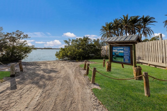 view of community featuring a lawn and a water view