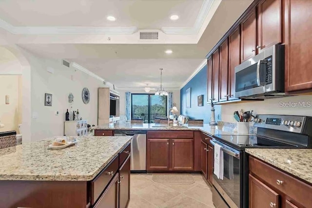 kitchen with light stone countertops, sink, kitchen peninsula, crown molding, and appliances with stainless steel finishes