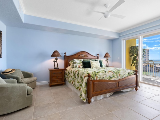 bedroom with access to exterior, light tile patterned floors, ceiling fan, and crown molding