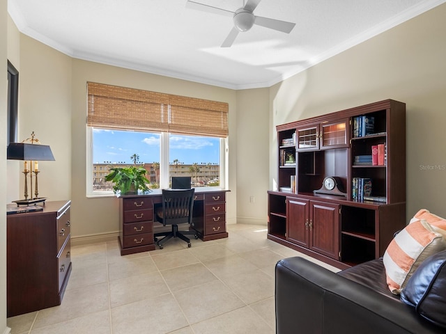 office area with ceiling fan, light tile patterned floors, and ornamental molding