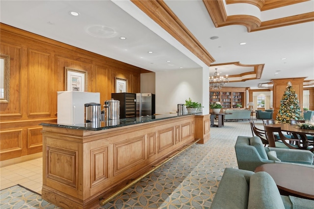 welcome area with an inviting chandelier