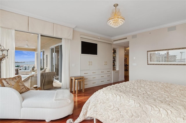 bedroom with access to outside, dark wood-type flooring, an inviting chandelier, and ornamental molding