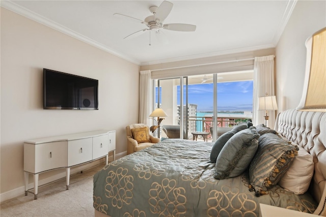 bedroom featuring access to exterior, ceiling fan, crown molding, and light carpet