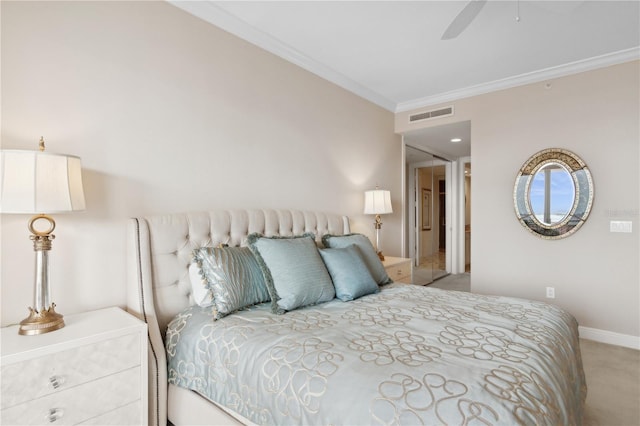 bedroom with ceiling fan, light colored carpet, and ornamental molding