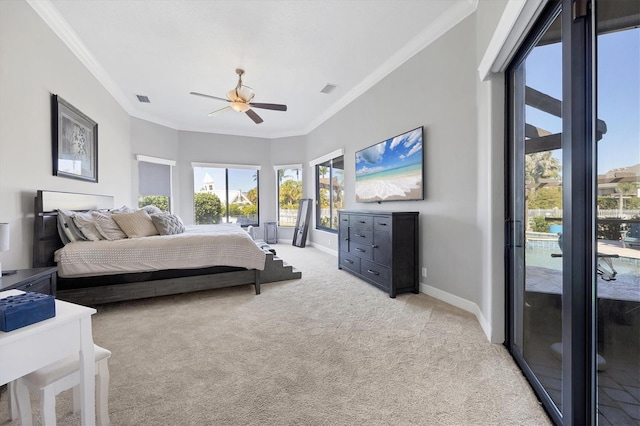 bedroom featuring ceiling fan, crown molding, access to outside, and light carpet