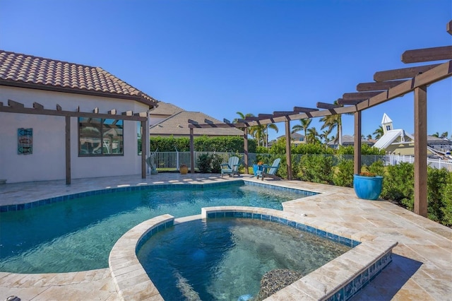 view of swimming pool featuring a pergola, an in ground hot tub, and a patio