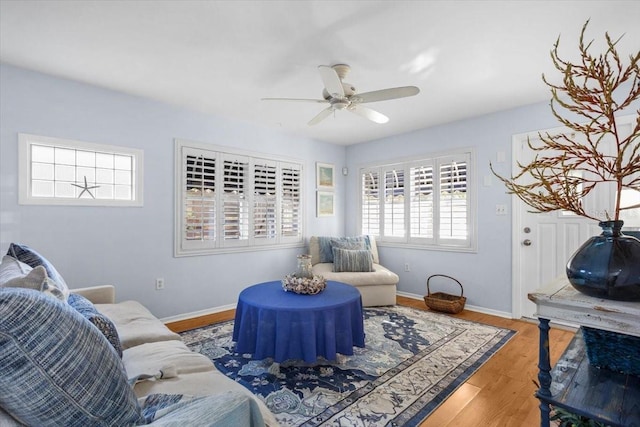 living room with wood-type flooring and ceiling fan