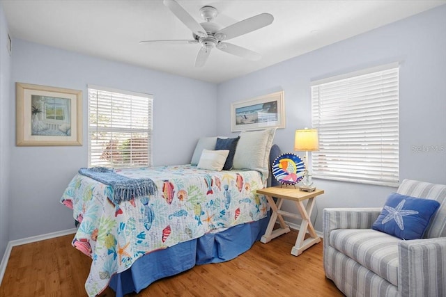 bedroom with ceiling fan and wood-type flooring